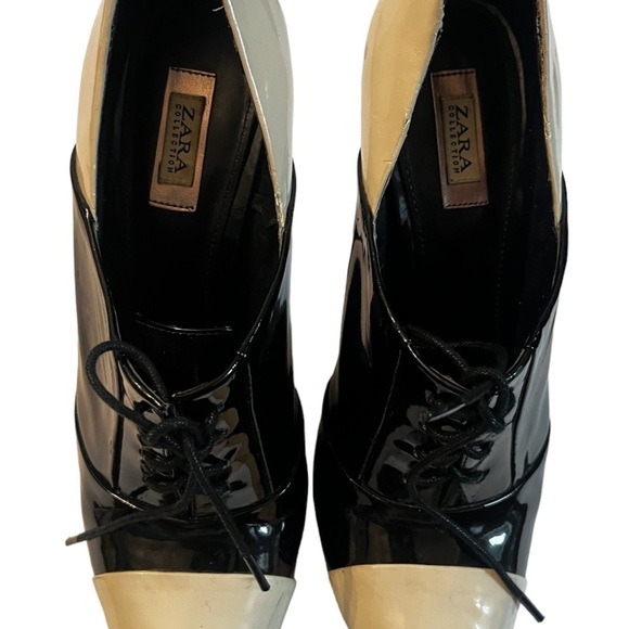 Zara Collection Patent Leather Black & Cream Lace Up Sz 38 US 8 Shoe Boots - Picture 4 of 8